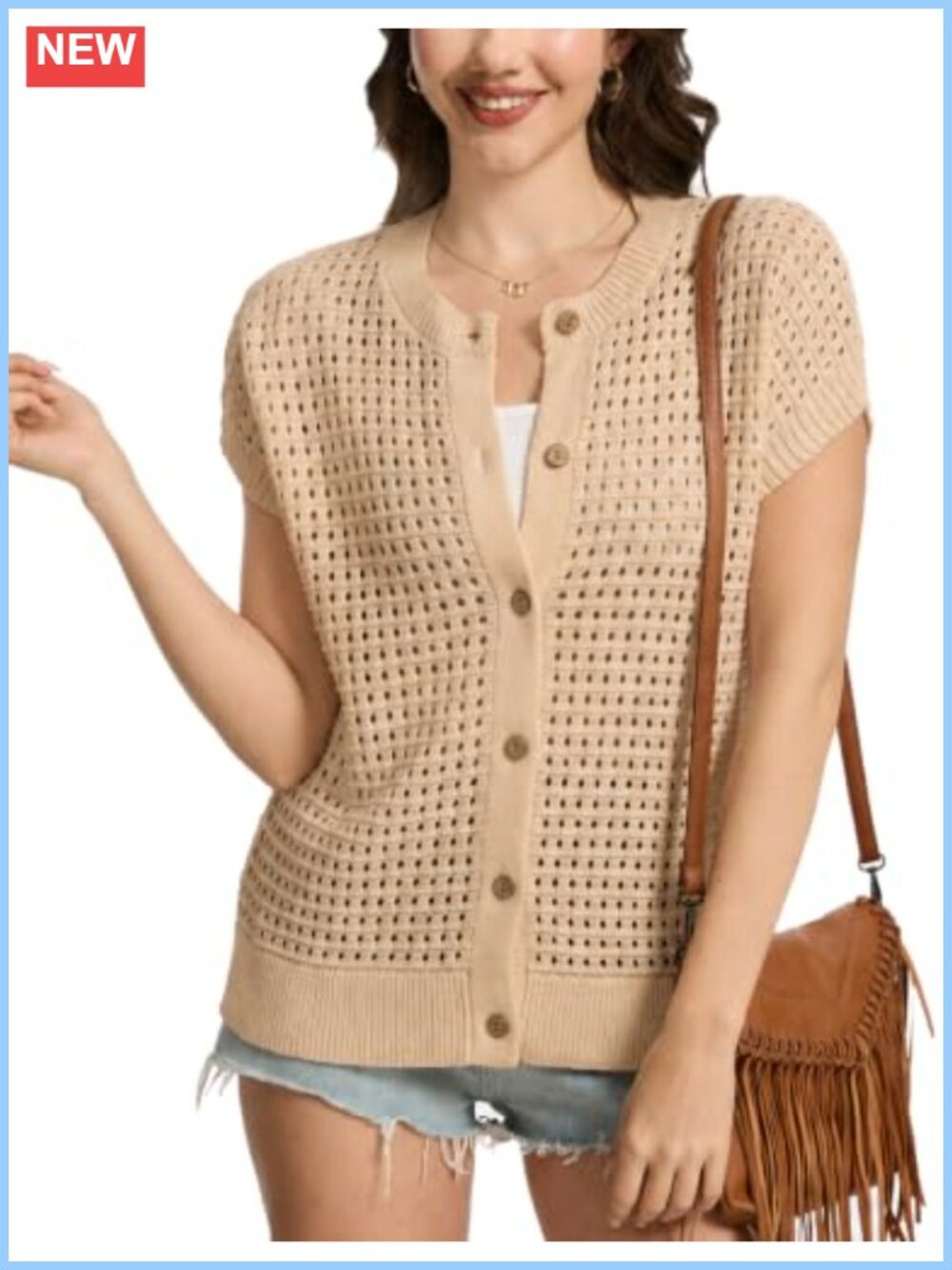 Crochet Cap Sleeve Sweater Vest Button Down Cardigan Knit Top